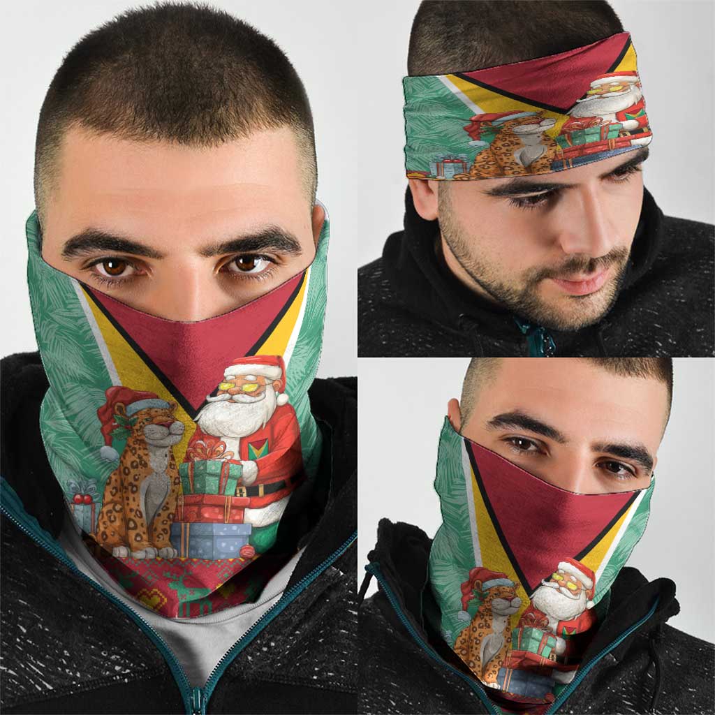 Guyana Christmas Santa Leopard Neck Gaiter with Green Red Yellow Gift and Map - Wonder Print Shop