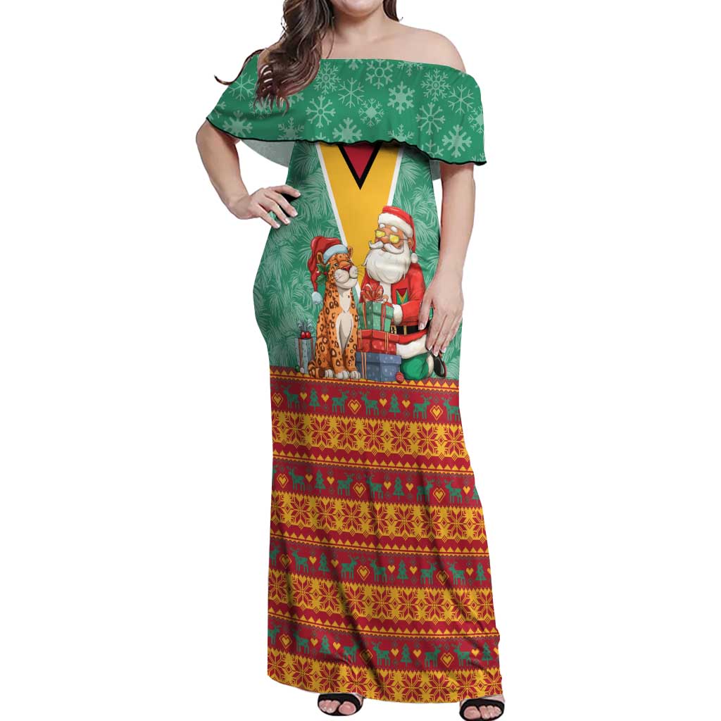 Guyana Christmas Santa Leopard Off Shoulder Maxi Dress with Green Red Yellow Gift and Map - Wonder Print Shop