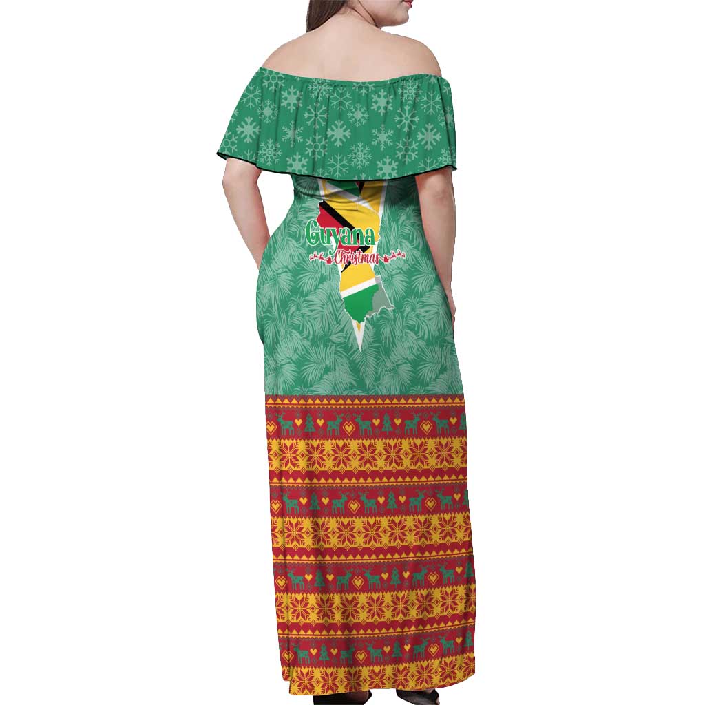 Guyana Christmas Santa Leopard Off Shoulder Maxi Dress with Green Red Yellow Gift and Map - Wonder Print Shop