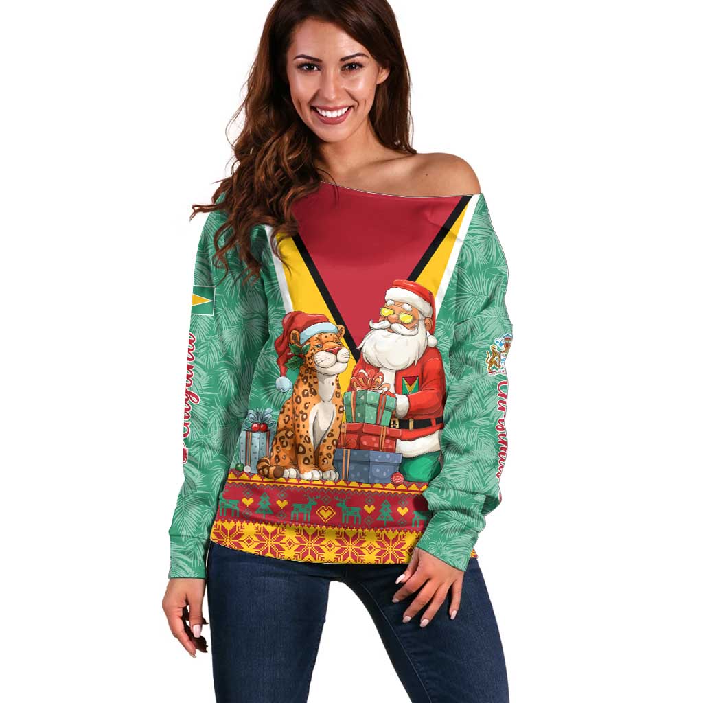 Guyana Christmas Santa Leopard Off Shoulder Sweater with Green Red Yellow Gift and Map - Wonder Print Shop