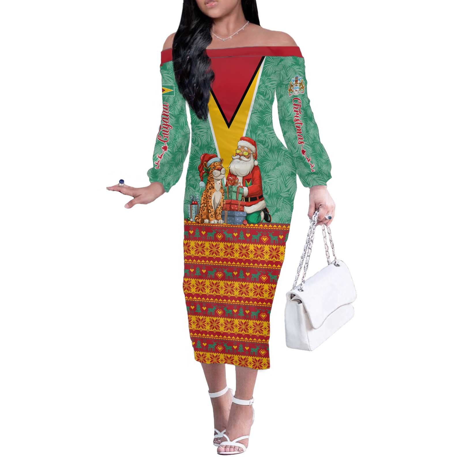 Guyana Christmas Santa Leopard Off The Shoulder Long Sleeve Dress with Green Red Yellow Gift and Map - Wonder Print Shop