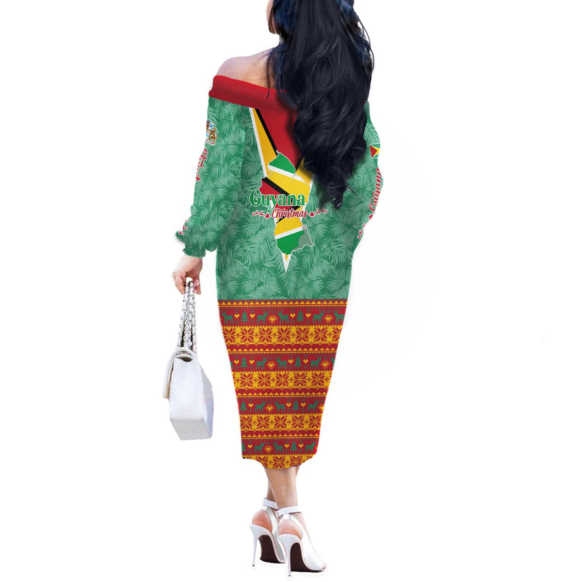 Guyana Christmas Santa Leopard Off The Shoulder Long Sleeve Dress with Green Red Yellow Gift and Map - Wonder Print Shop