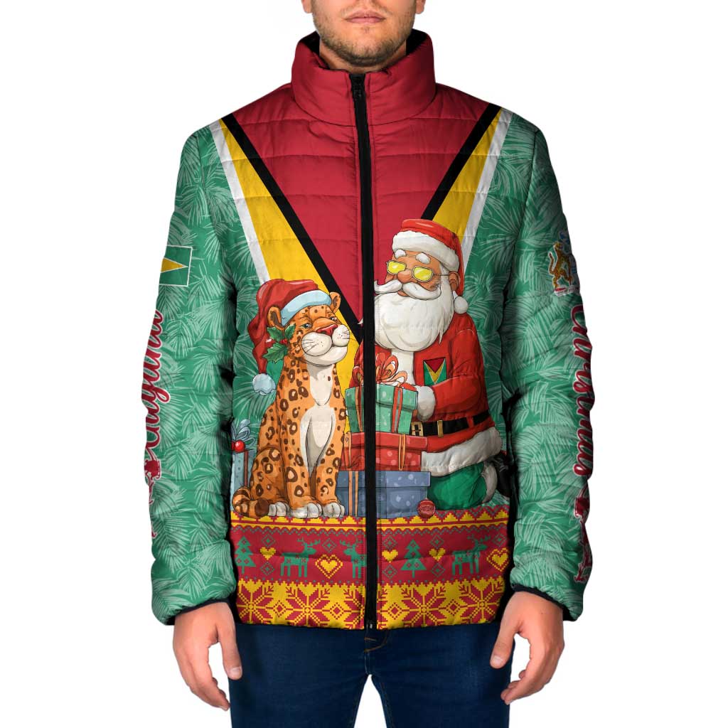 Guyana Christmas Santa Leopard Padded Jacket with Green Red Yellow Gift and Map - Wonder Print Shop