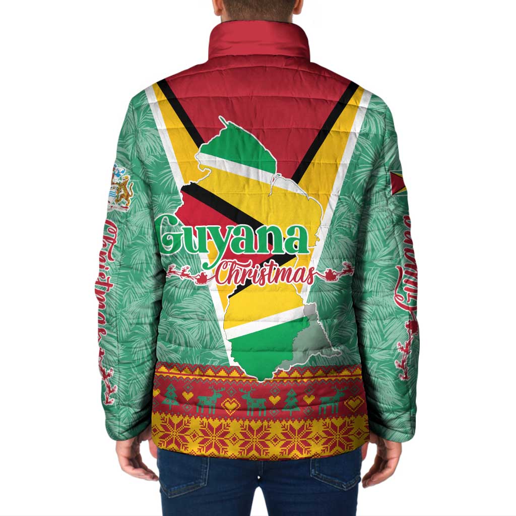 Guyana Christmas Santa Leopard Padded Jacket with Green Red Yellow Gift and Map - Wonder Print Shop