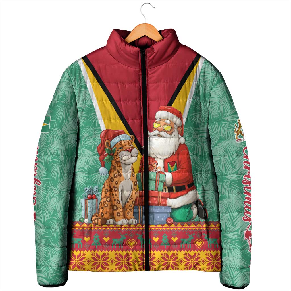 Guyana Christmas Santa Leopard Padded Jacket with Green Red Yellow Gift and Map - Wonder Print Shop