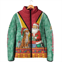 Guyana Christmas Santa Leopard Padded Jacket with Green Red Yellow Gift and Map - Wonder Print Shop