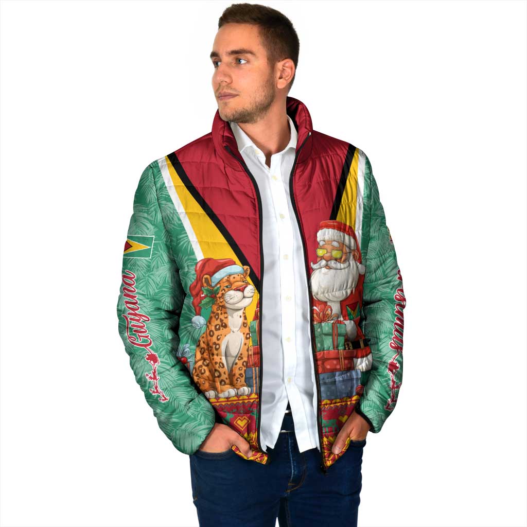 Guyana Christmas Santa Leopard Padded Jacket with Green Red Yellow Gift and Map - Wonder Print Shop