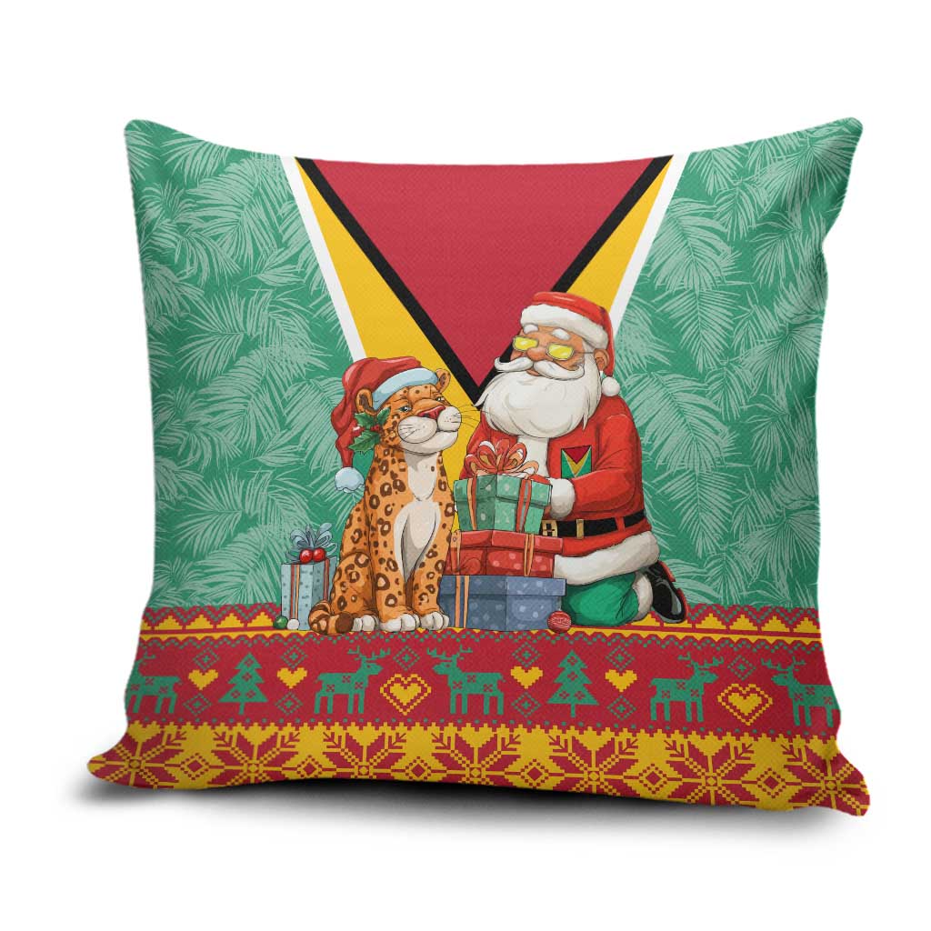 Guyana Christmas Santa Leopard Pillow Cover with Green Red Yellow Gift and Map - Wonder Print Shop