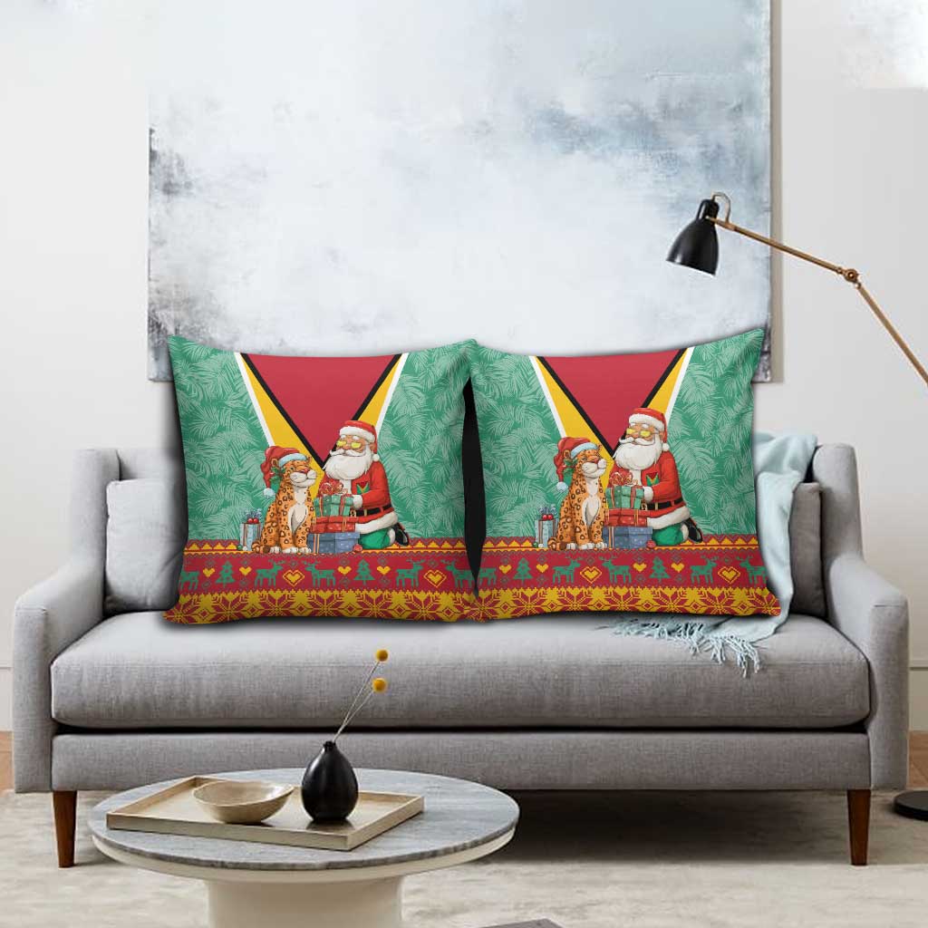 Guyana Christmas Santa Leopard Pillow Cover with Green Red Yellow Gift and Map - Wonder Print Shop
