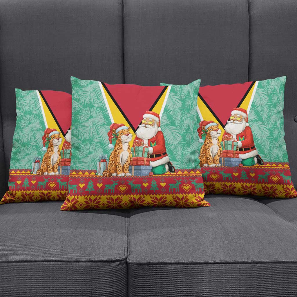 Guyana Christmas Santa Leopard Pillow Cover with Green Red Yellow Gift and Map - Wonder Print Shop