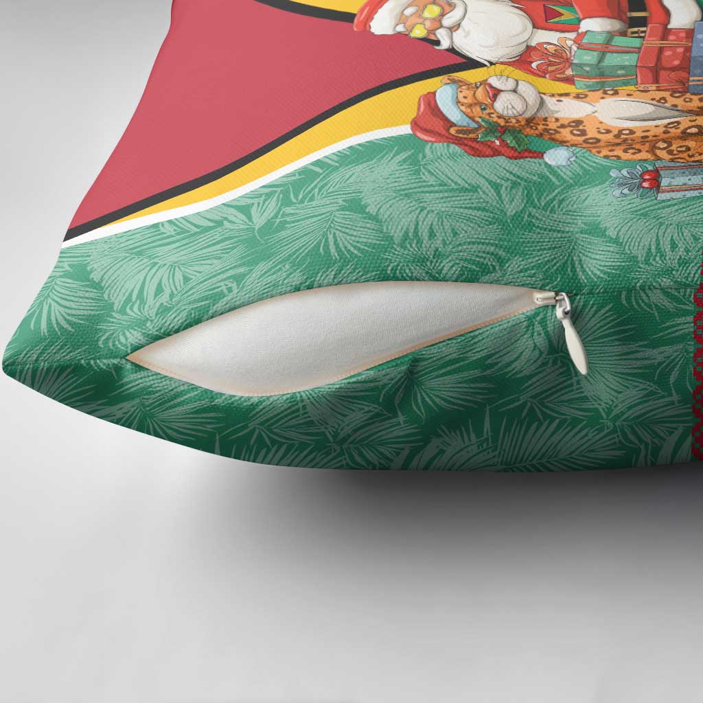 Guyana Christmas Santa Leopard Pillow Cover with Green Red Yellow Gift and Map - Wonder Print Shop