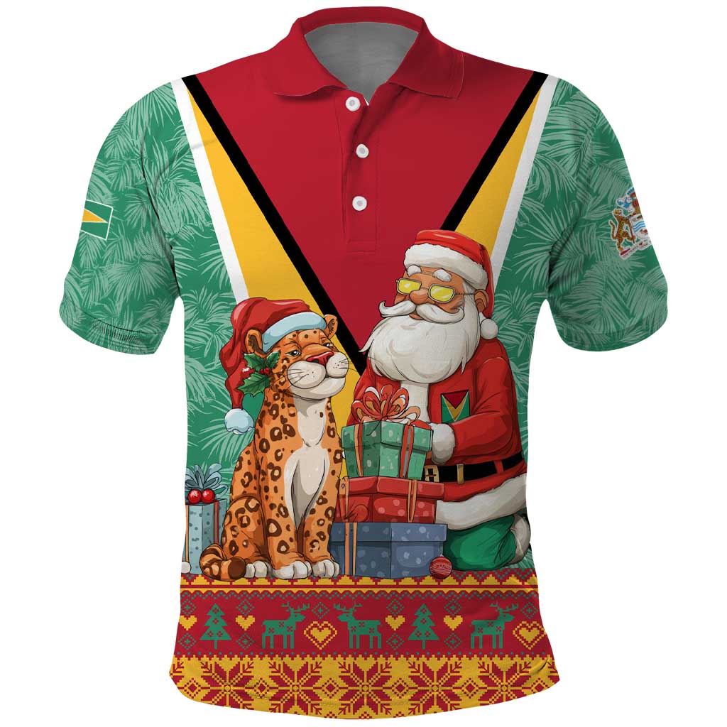 Guyana Christmas Santa Leopard Polo Shirt with Green Red Yellow Gift and Map - Wonder Print Shop