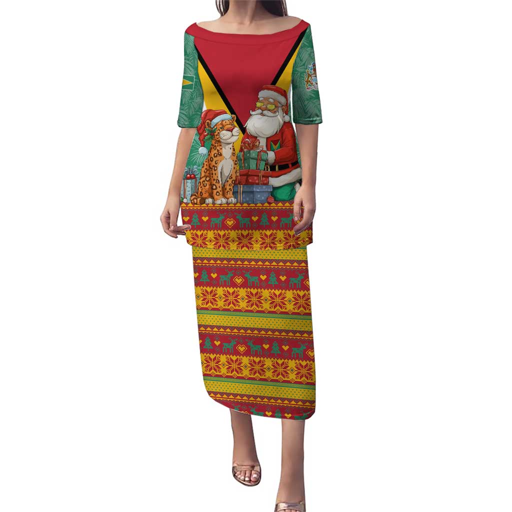 Guyana Christmas Santa Leopard Puletasi with Green Red Yellow Gift and Map - Wonder Print Shop