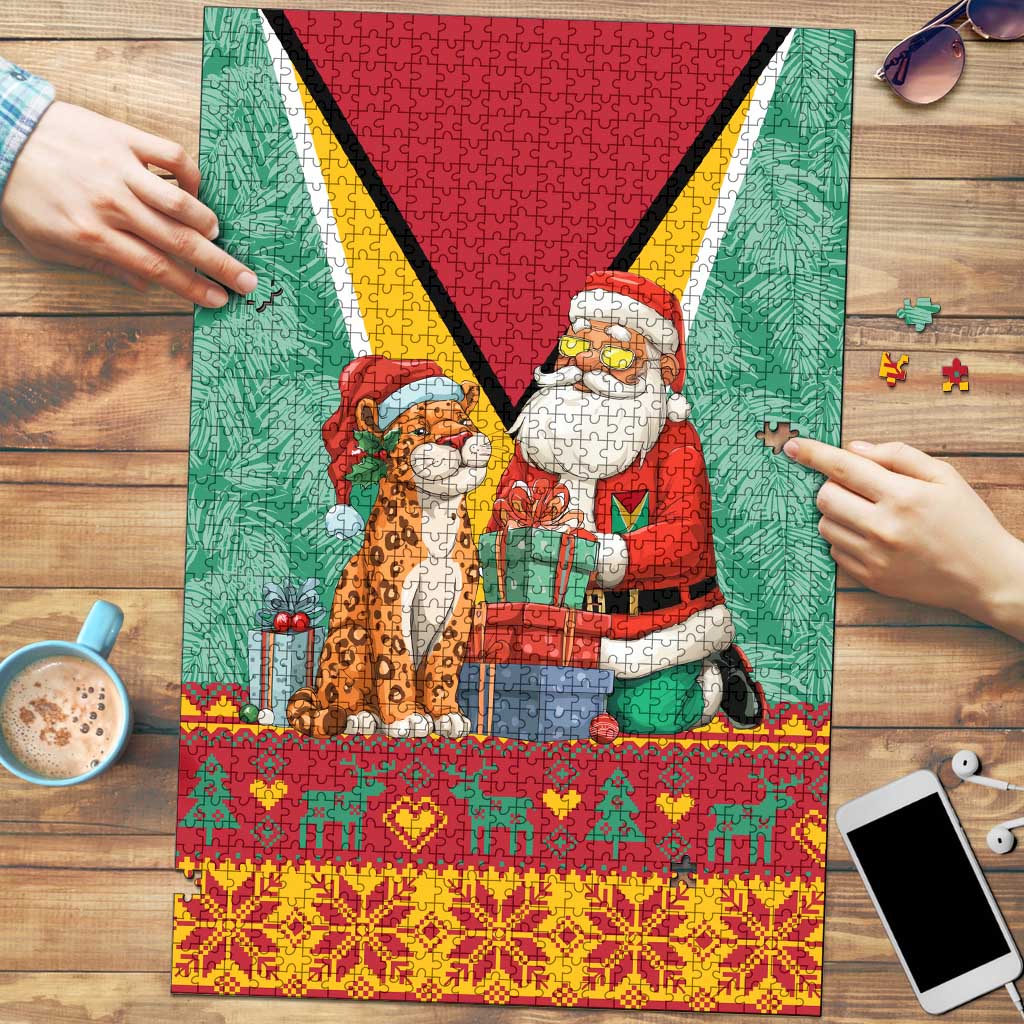 Guyana Christmas Santa Leopard Puzzle with Green Red Yellow Gift and Map - Wonder Print Shop