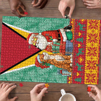 Guyana Christmas Santa Leopard Puzzle with Green Red Yellow Gift and Map - Wonder Print Shop