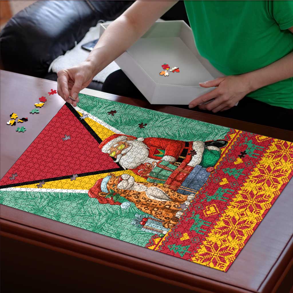 Guyana Christmas Santa Leopard Puzzle with Green Red Yellow Gift and Map - Wonder Print Shop