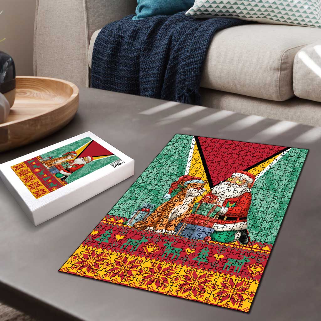 Guyana Christmas Santa Leopard Puzzle with Green Red Yellow Gift and Map - Wonder Print Shop