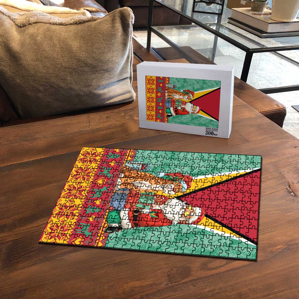Guyana Christmas Santa Leopard Puzzle with Green Red Yellow Gift and Map - Wonder Print Shop
