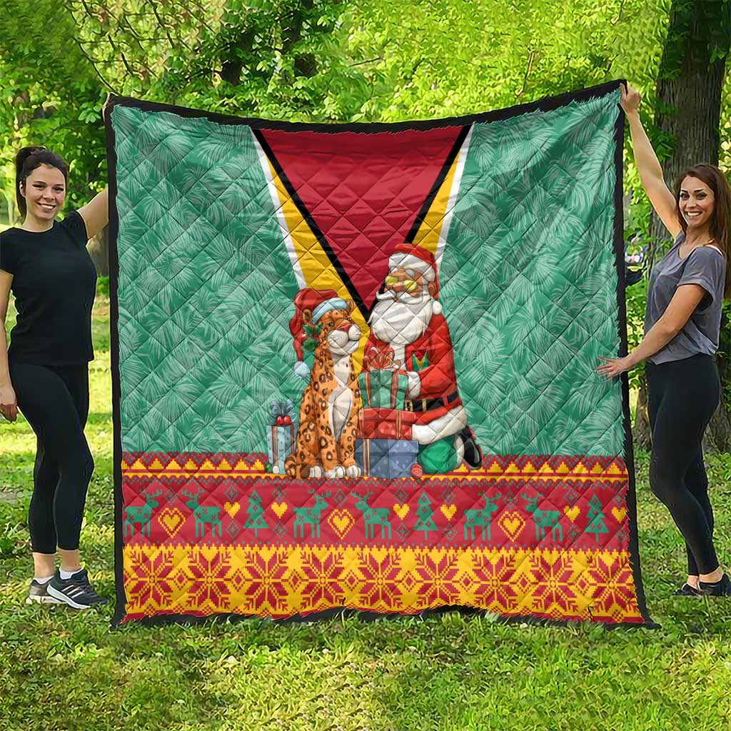 Guyana Christmas Santa Leopard Quilt with Green Red Yellow Gift and Map - Wonder Print Shop