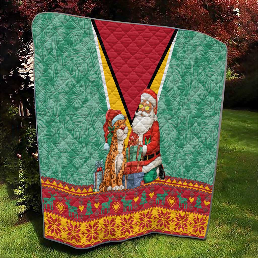 Guyana Christmas Santa Leopard Quilt with Green Red Yellow Gift and Map - Wonder Print Shop