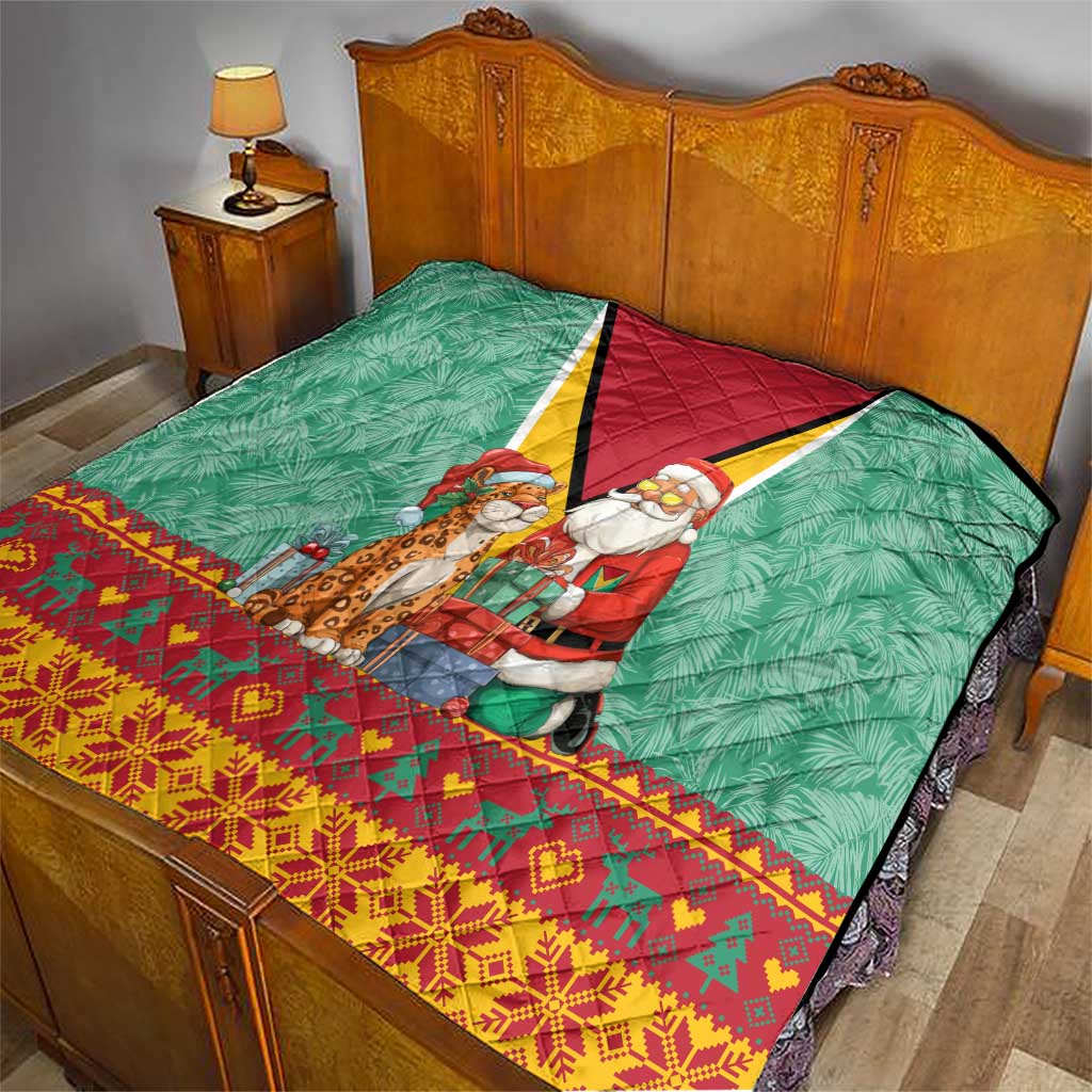 Guyana Christmas Santa Leopard Quilt with Green Red Yellow Gift and Map - Wonder Print Shop