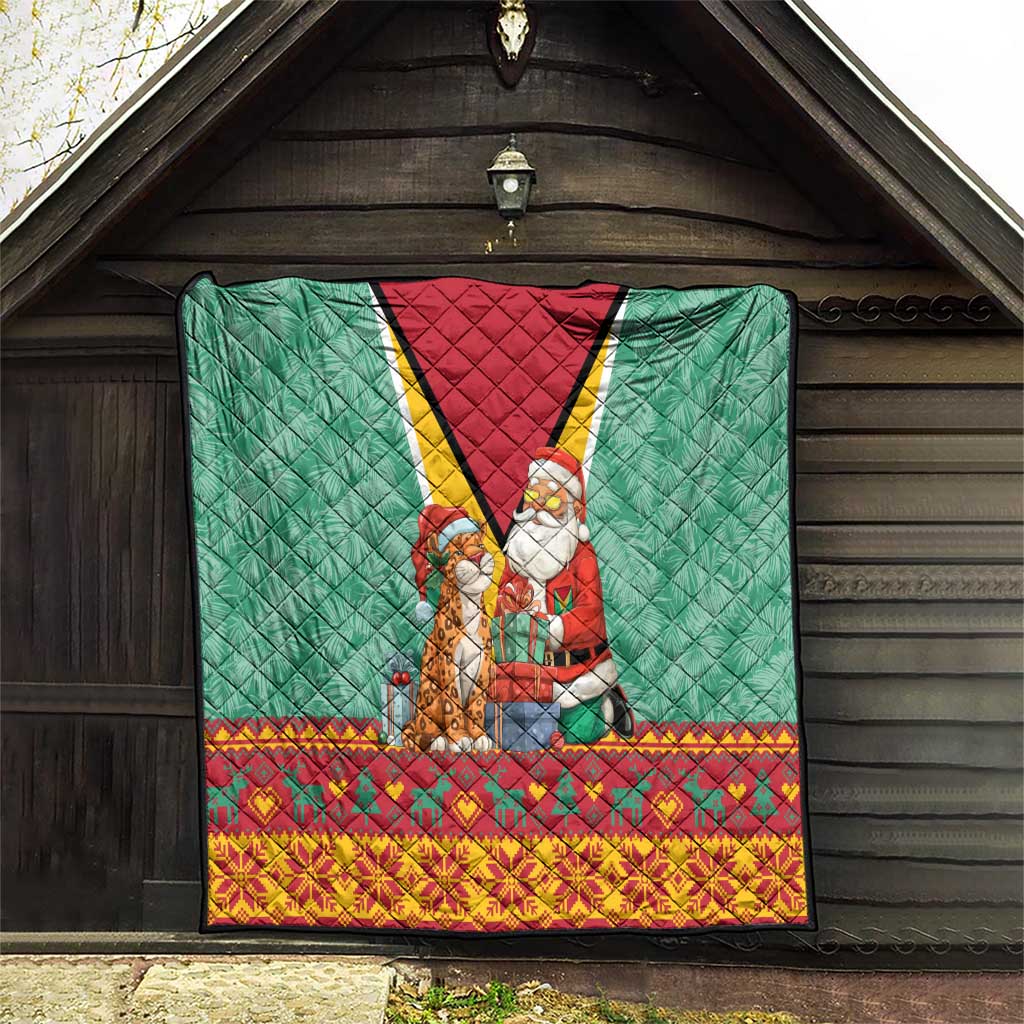 Guyana Christmas Santa Leopard Quilt with Green Red Yellow Gift and Map - Wonder Print Shop