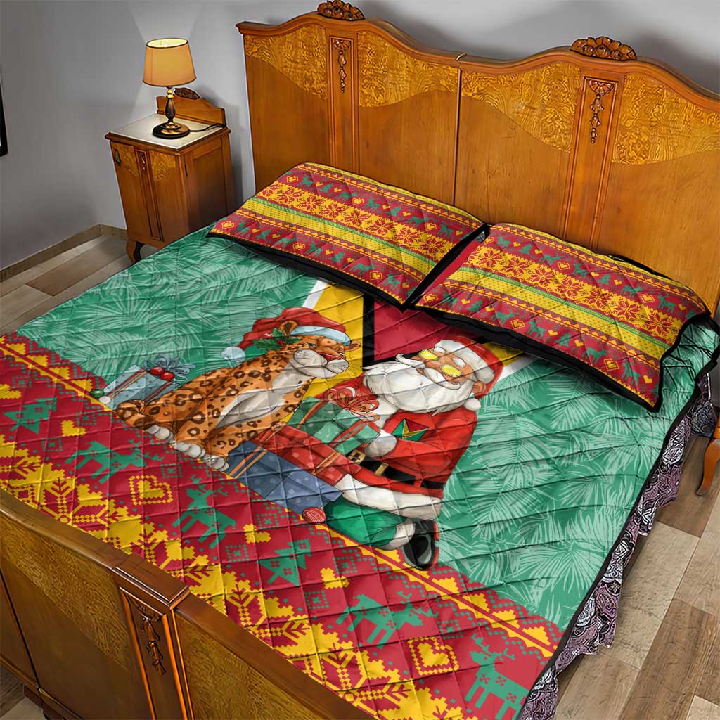 Guyana Christmas Santa Leopard Quilt Bed Set with Green Red Yellow Gift and Map - Wonder Print Shop