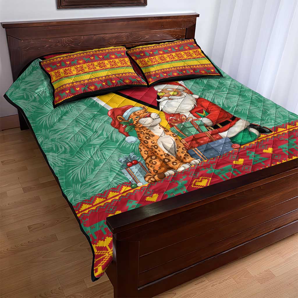 Guyana Christmas Santa Leopard Quilt Bed Set with Green Red Yellow Gift and Map - Wonder Print Shop