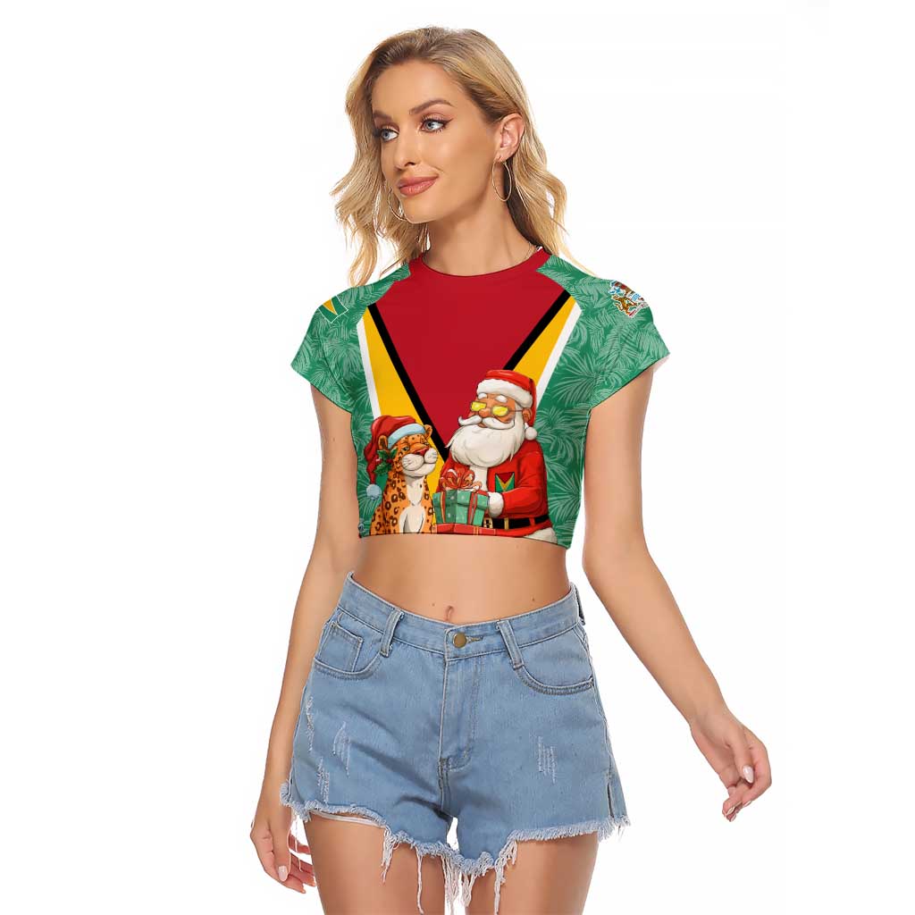 Guyana Christmas Santa Leopard Raglan Cropped T Shirt with Green Red Yellow Gift and Map - Wonder Print Shop