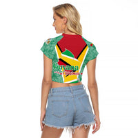 Guyana Christmas Santa Leopard Raglan Cropped T Shirt with Green Red Yellow Gift and Map - Wonder Print Shop