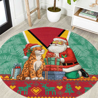Guyana Christmas Santa Leopard Round Carpet with Green Red Yellow Gift and Map - Wonder Print Shop