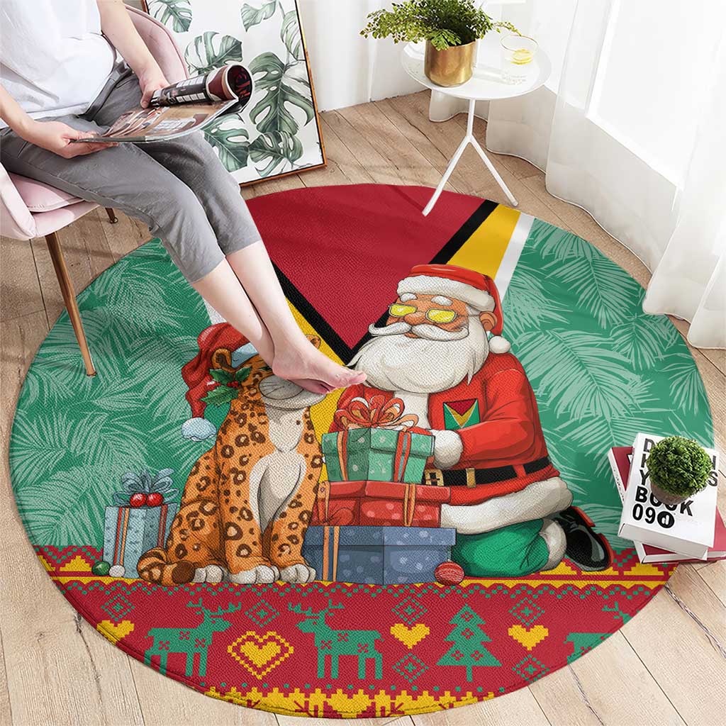 Guyana Christmas Santa Leopard Round Carpet with Green Red Yellow Gift and Map - Wonder Print Shop