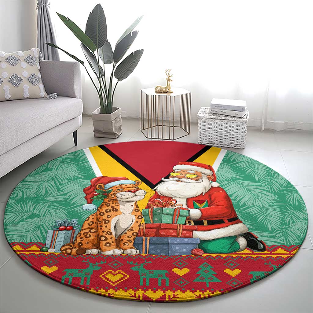 Guyana Christmas Santa Leopard Round Carpet with Green Red Yellow Gift and Map - Wonder Print Shop
