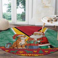 Guyana Christmas Santa Leopard Round Carpet with Green Red Yellow Gift and Map - Wonder Print Shop