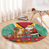 Guyana Christmas Santa Leopard Round Carpet with Green Red Yellow Gift and Map - Wonder Print Shop