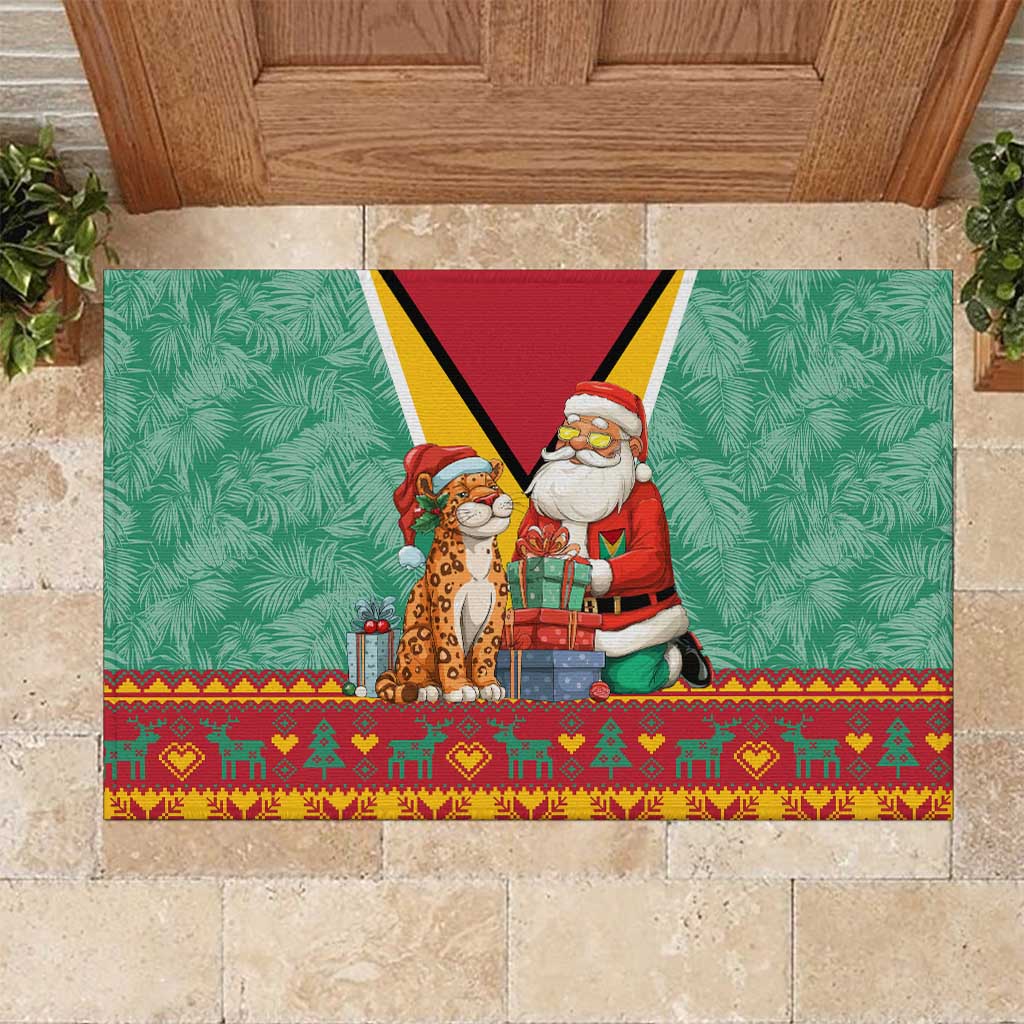 Guyana Christmas Santa Leopard Rubber Doormat with Green Red Yellow Gift and Map - Wonder Print Shop