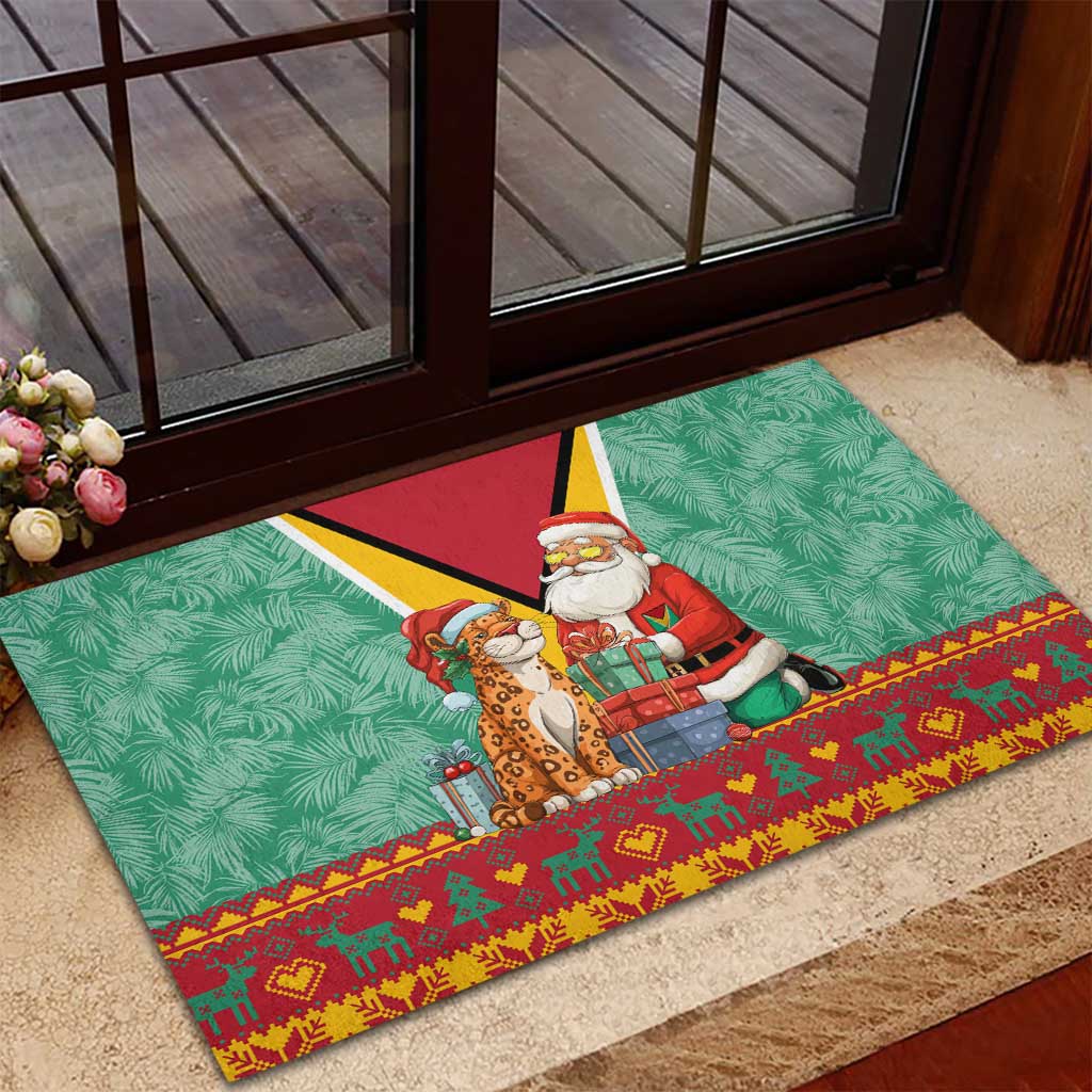 Guyana Christmas Santa Leopard Rubber Doormat with Green Red Yellow Gift and Map - Wonder Print Shop