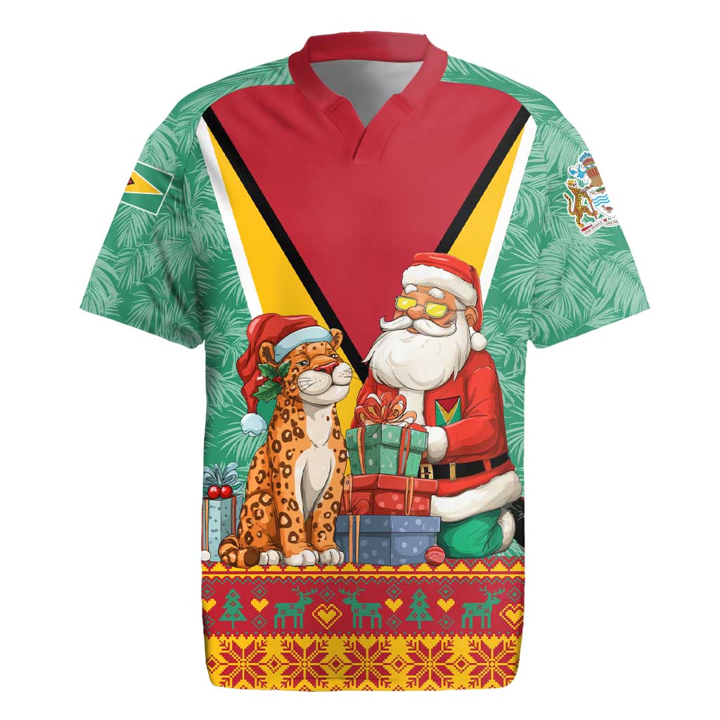 Guyana Christmas Santa Leopard Rugby Jersey with Green Red Yellow Gift and Map - Wonder Print Shop