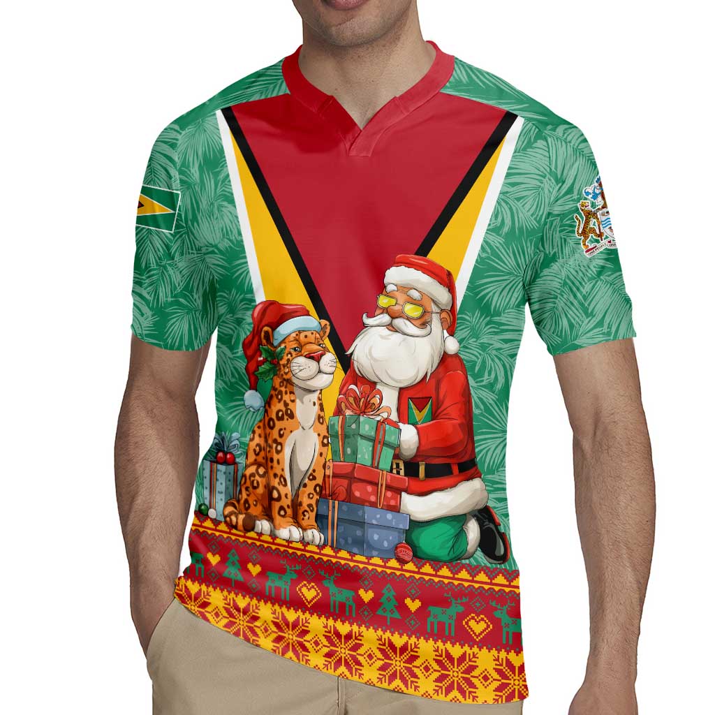 Guyana Christmas Santa Leopard Rugby Jersey with Green Red Yellow Gift and Map - Wonder Print Shop