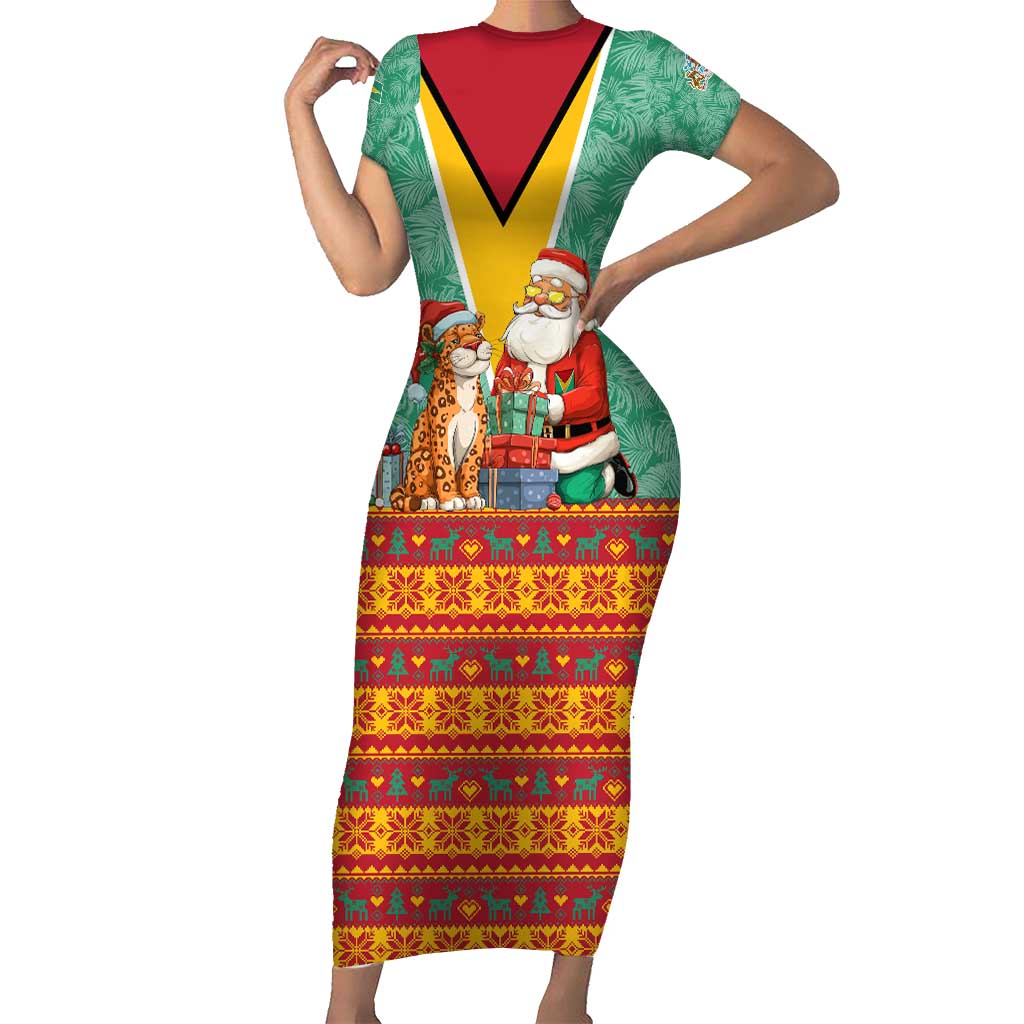 Guyana Christmas Santa Leopard Short Sleeve Bodycon Dress with Green Red Yellow Gift and Map - Wonder Print Shop