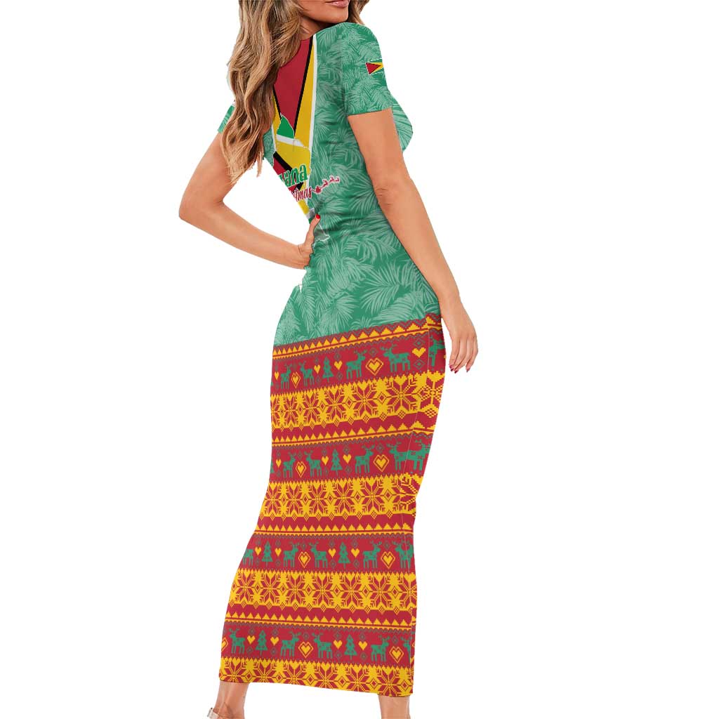 Guyana Christmas Santa Leopard Short Sleeve Bodycon Dress with Green Red Yellow Gift and Map - Wonder Print Shop