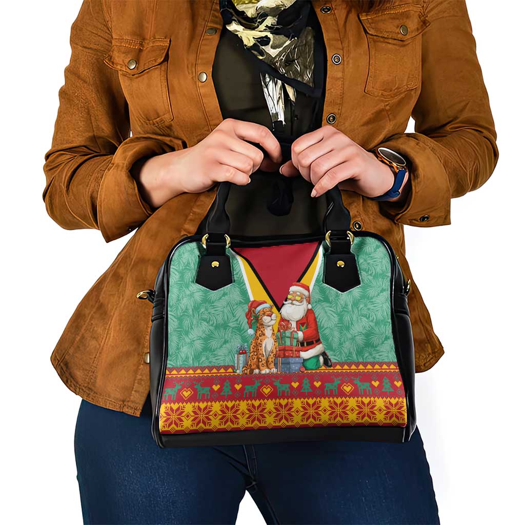 Guyana Christmas Santa Leopard Shoulder Handbag with Green Red Yellow Gift and Map - Wonder Print Shop