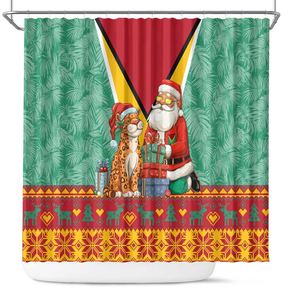 Guyana Christmas Santa Leopard Shower Curtain with Green Red Yellow Gift and Map - Wonder Print Shop