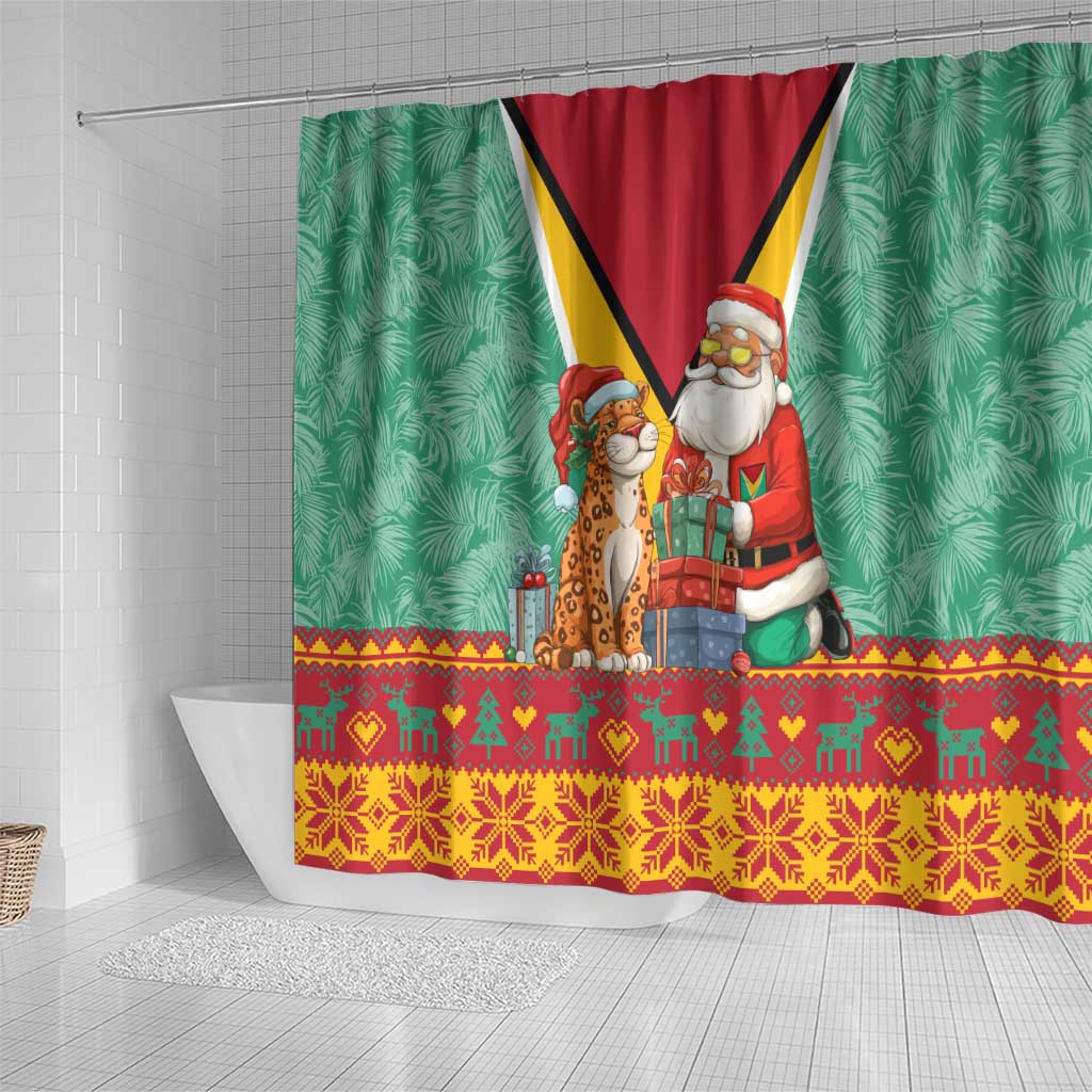 Guyana Christmas Santa Leopard Shower Curtain with Green Red Yellow Gift and Map - Wonder Print Shop