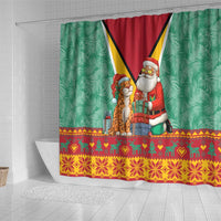 Guyana Christmas Santa Leopard Shower Curtain with Green Red Yellow Gift and Map - Wonder Print Shop