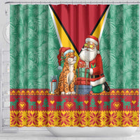 Guyana Christmas Santa Leopard Shower Curtain with Green Red Yellow Gift and Map - Wonder Print Shop