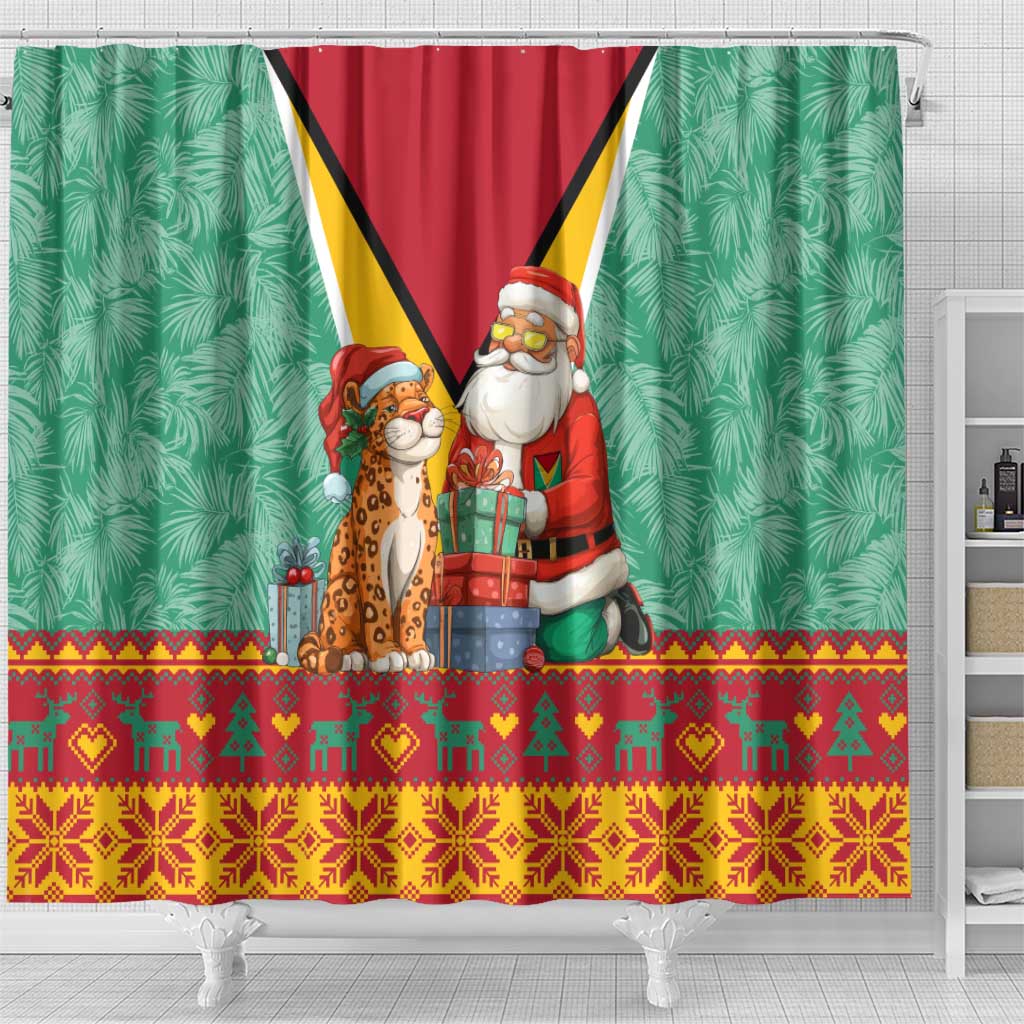 Guyana Christmas Santa Leopard Shower Curtain with Green Red Yellow Gift and Map - Wonder Print Shop