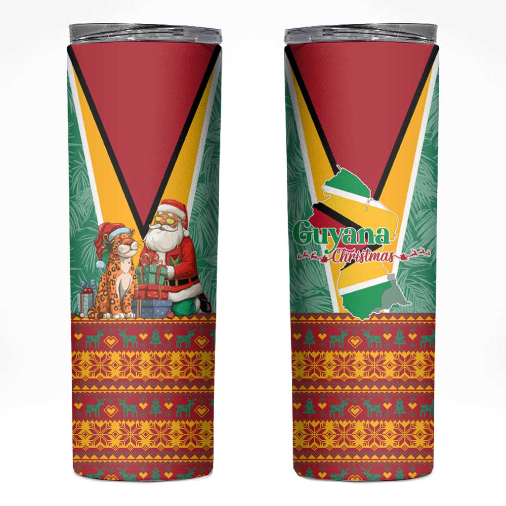 Guyana Christmas Santa Leopard Skinny Tumbler with Green Red Yellow Gift and Map - Wonder Print Shop