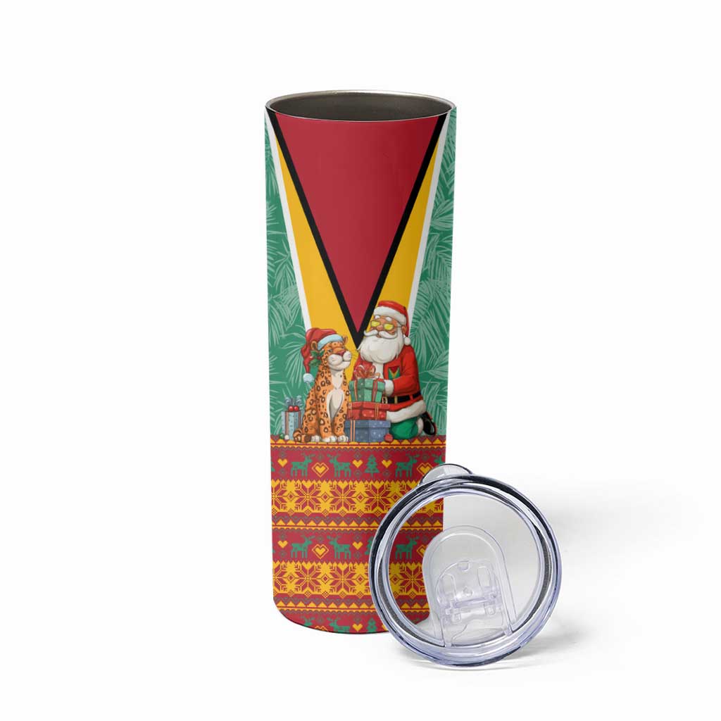 Guyana Christmas Santa Leopard Skinny Tumbler with Green Red Yellow Gift and Map - Wonder Print Shop