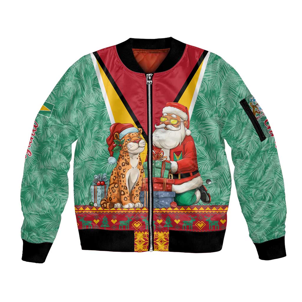 Guyana Christmas Santa Leopard Sleeve Zip Bomber Jacket with Green Red Yellow Gift and Map - Wonder Print Shop